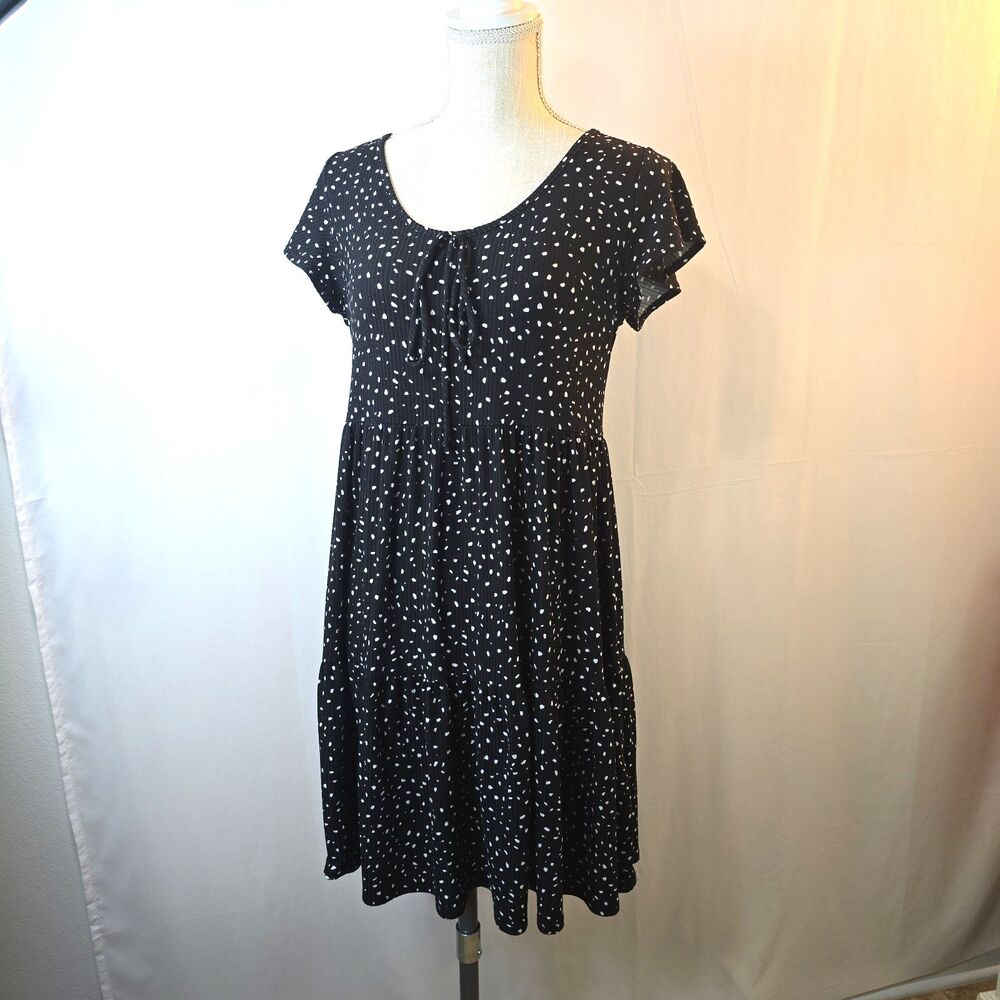 Jessica Simpson Dress Size XL Black White Polka Dots Tiered Cap Sleeve A line